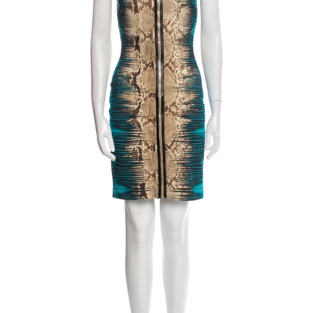Roberto Cavalli Teal and Brown Snake Print Mini Dress